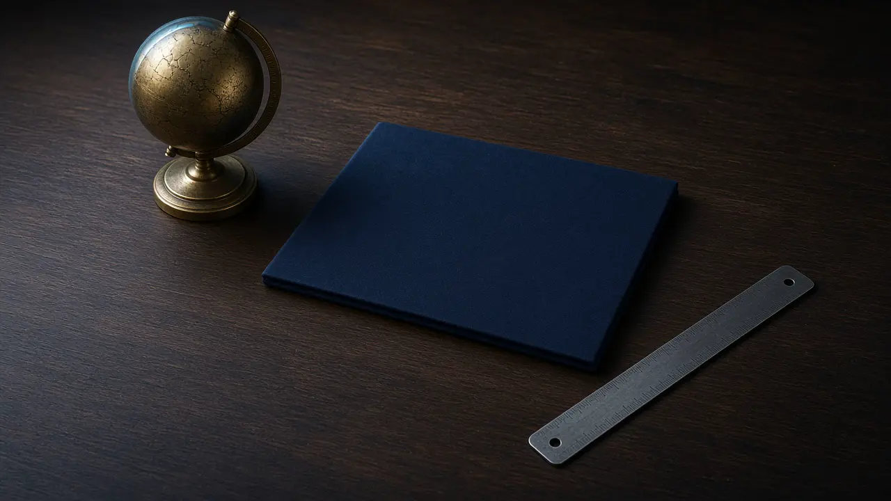 Brass globe, navy folder, and a steel ruler on a dark desk