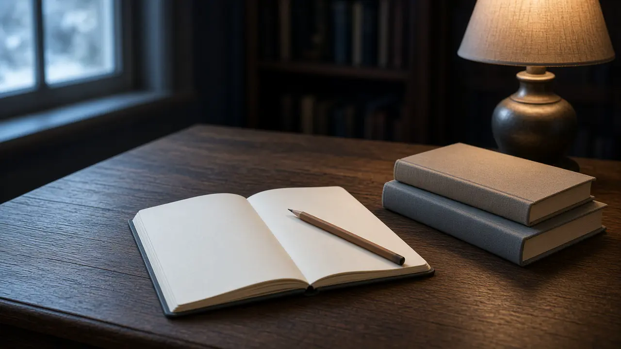 Open notebook and clothbound books under a library lamp