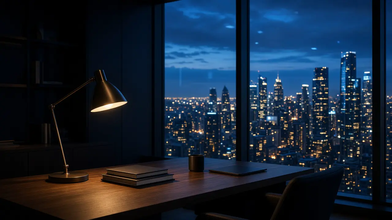 Financial district at blue hour, seen from a dark office